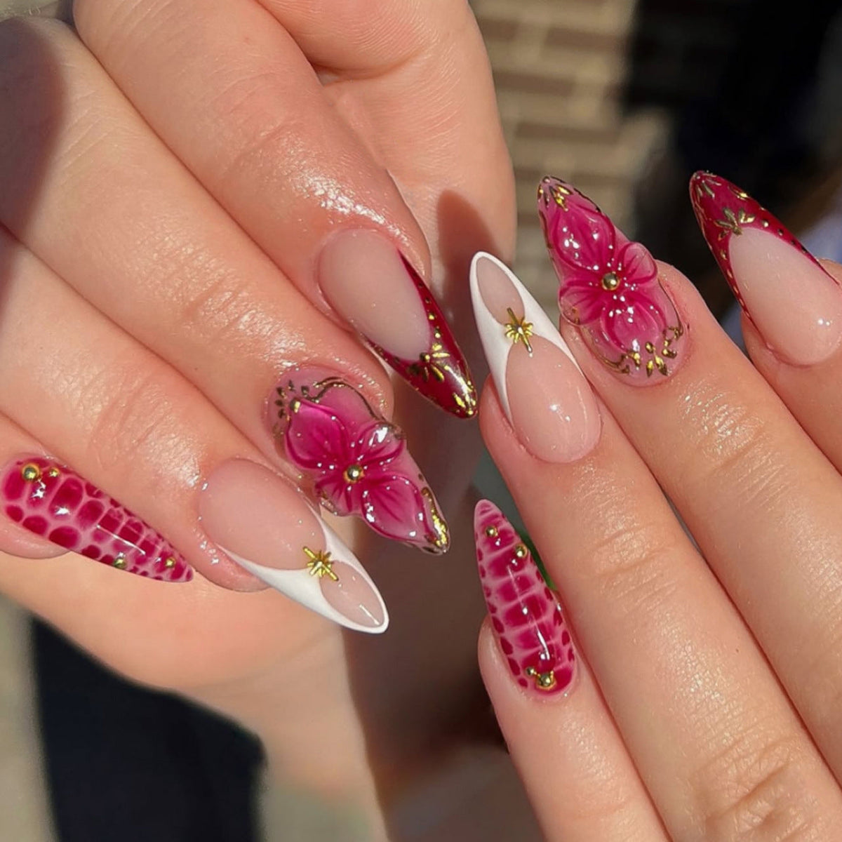 3D French Floral Glossy Pink White Almond Short Press On Nails