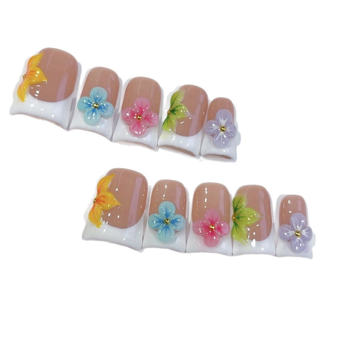 Rainbow Floral French: "Colorful Flower" – Square Press-On Nails – Image 5