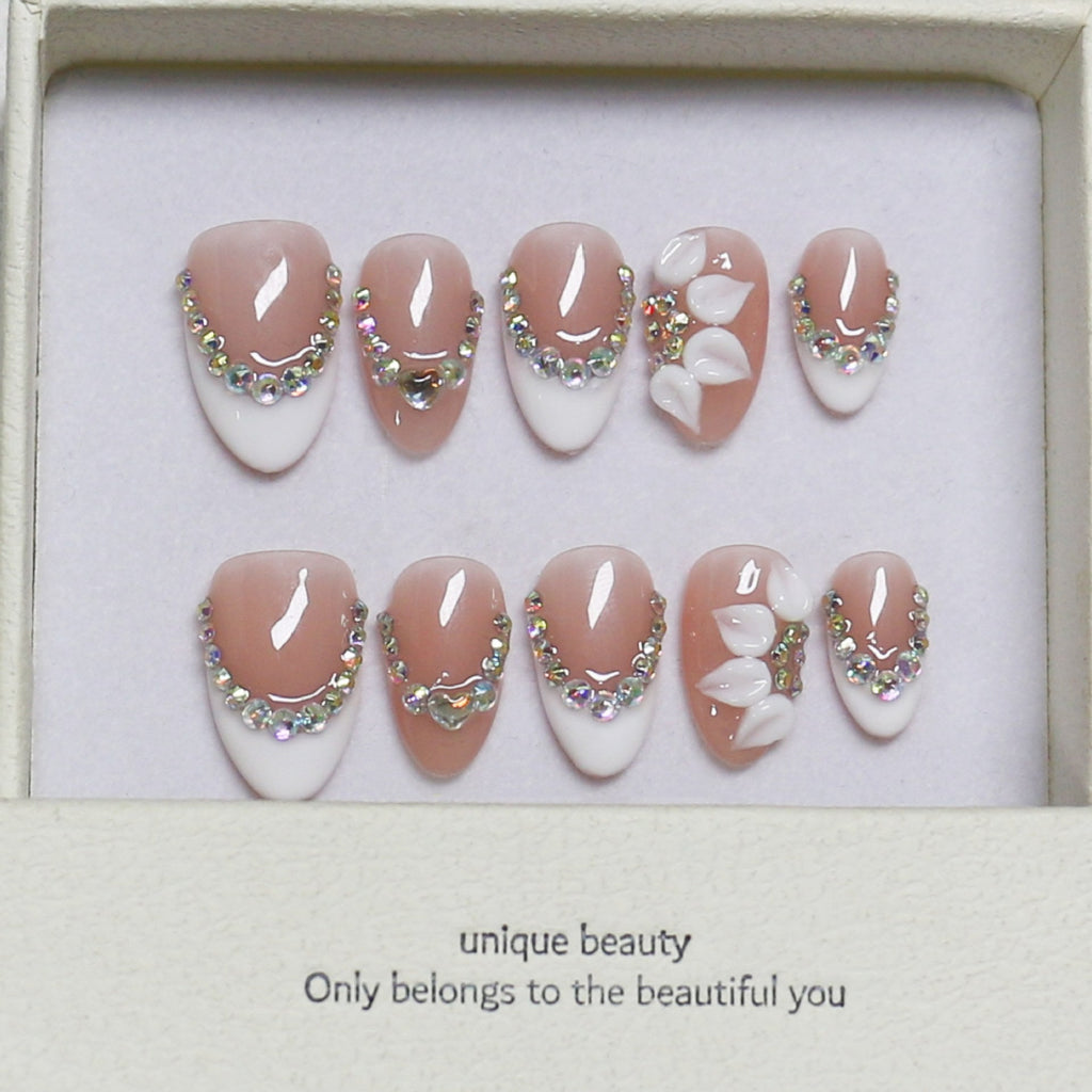 365nails: "Elegant Orchid Bloom" – Medium Almond Nude French Rhinestone Handmade Press-On Nails – Image 2