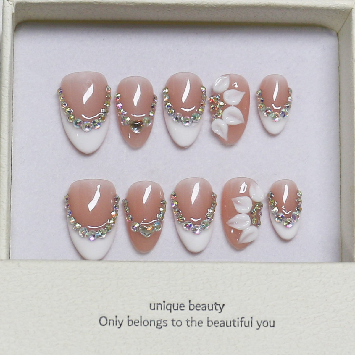 365nails: "Elegant Orchid Bloom" – Medium Almond Nude French Rhinestone Handmade Press-On Nails – Image 2