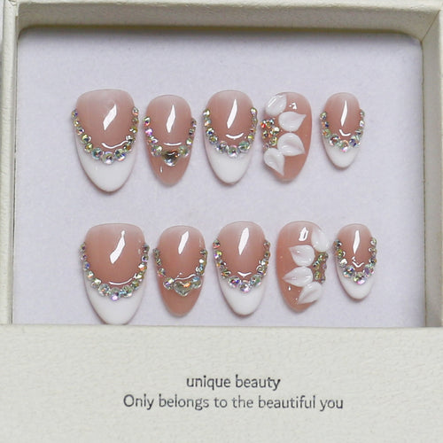 365nails: "Elegant Orchid Bloom" – Medium Almond Nude French Rhinestone Handmade Press-On Nails – Image 2