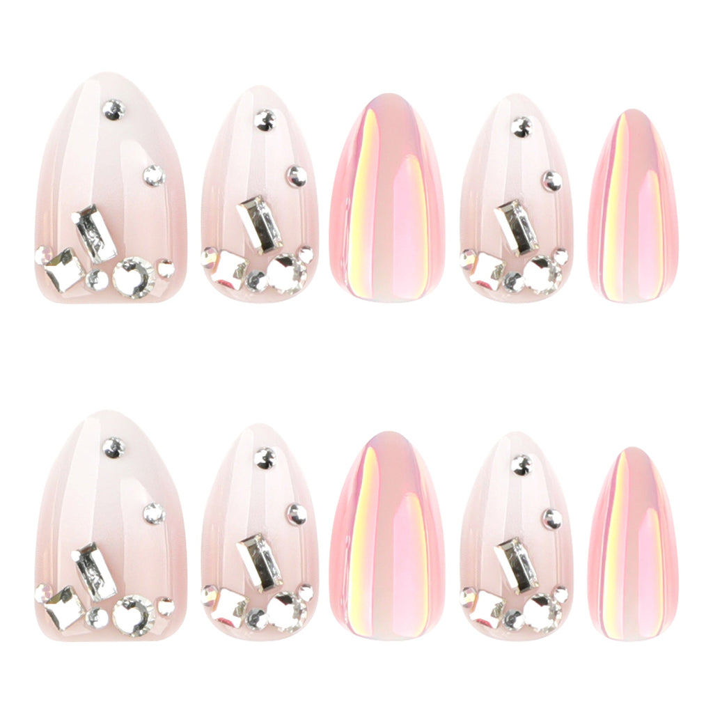 Iridescent Pearl Chrome Crystal Almond Nails – Image 5