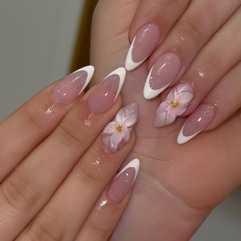 3D French Floral Glossy Pink White Almond Short Press On Nails – Design 23