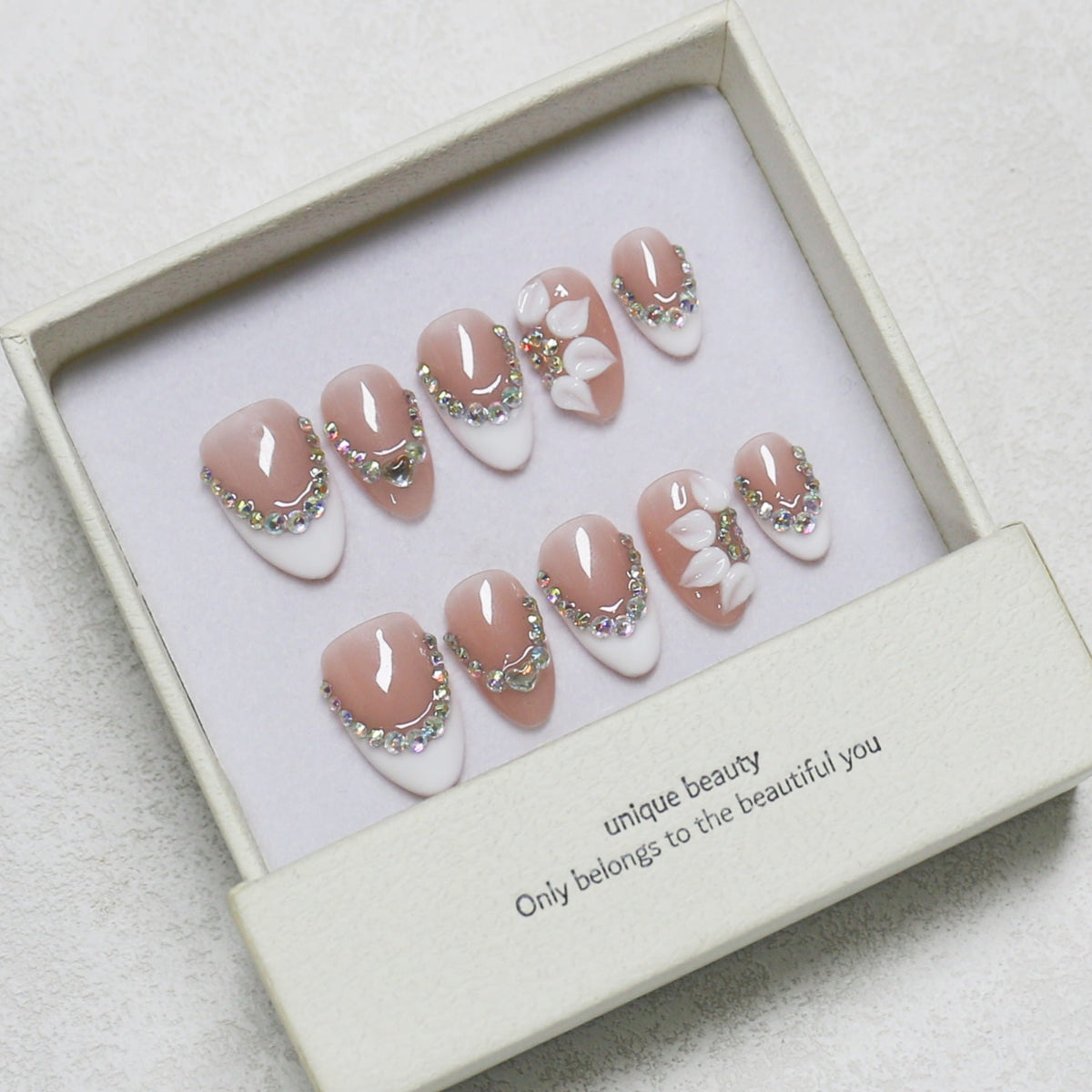 365nails: "Elegant Orchid Bloom" – Medium Almond Nude French Rhinestone Handmade Press-On Nails