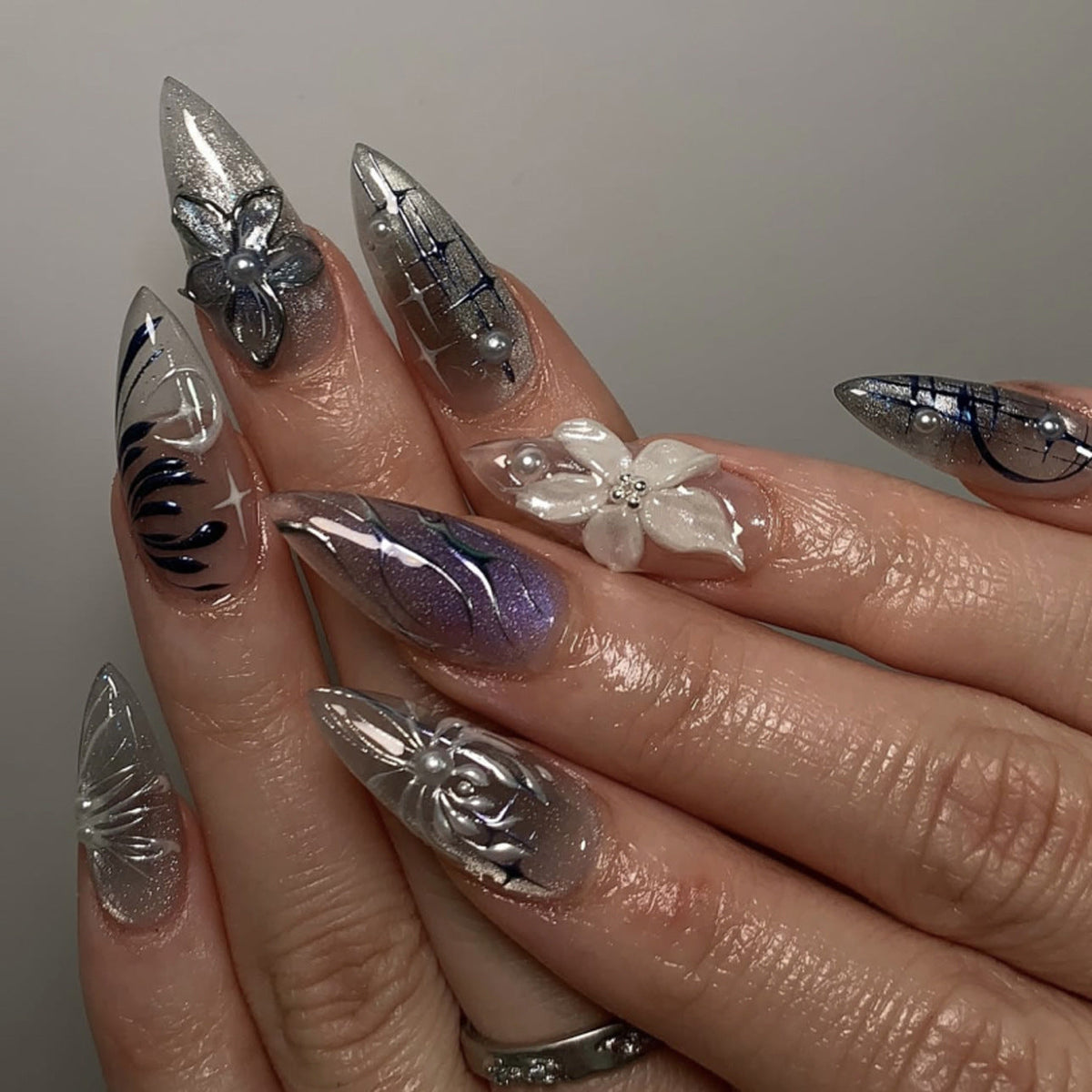 3D French Floral Glossy Pink White Almond Short Press On Nails