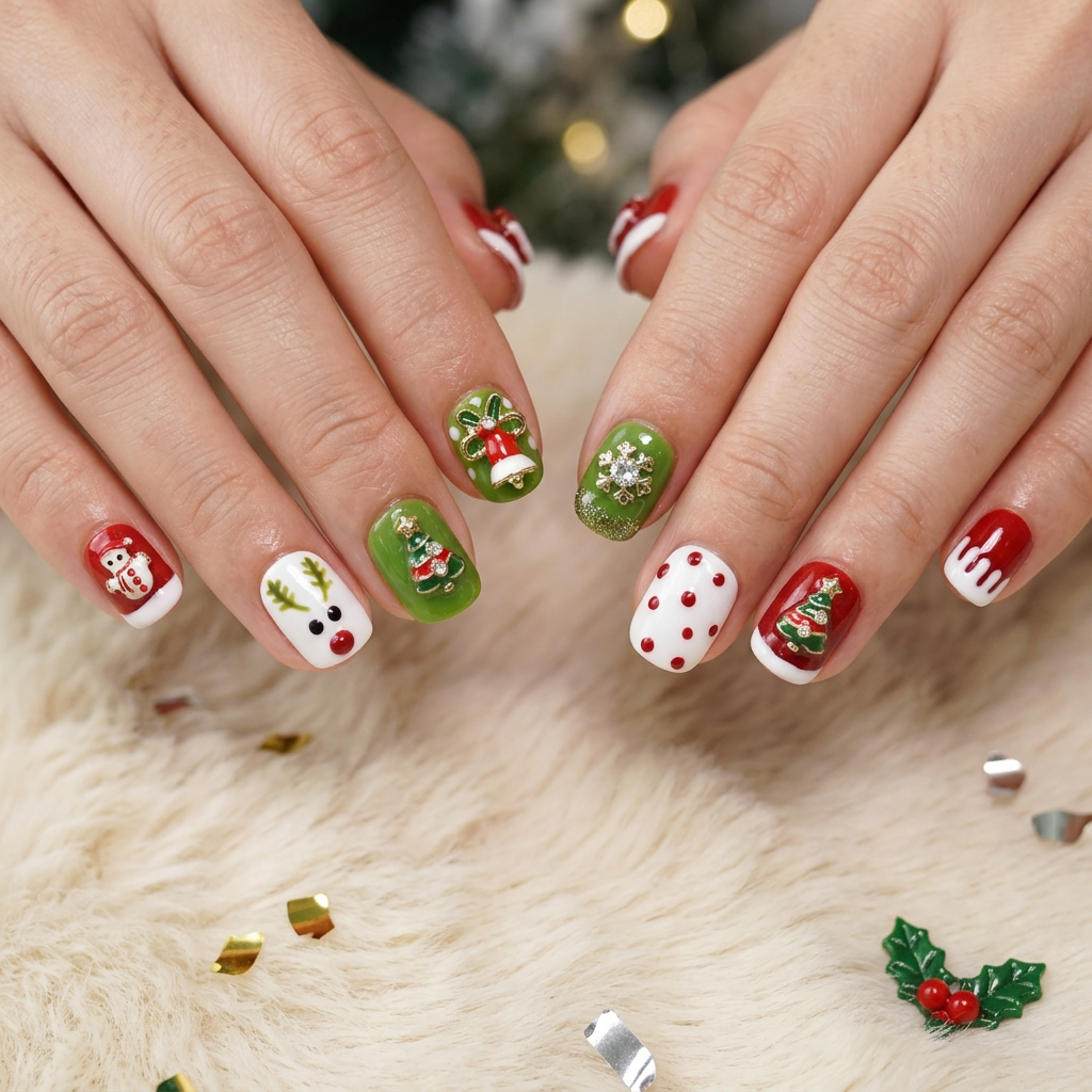 Christmas Press-On Nails – Red & Green Reindeer and Tree Design