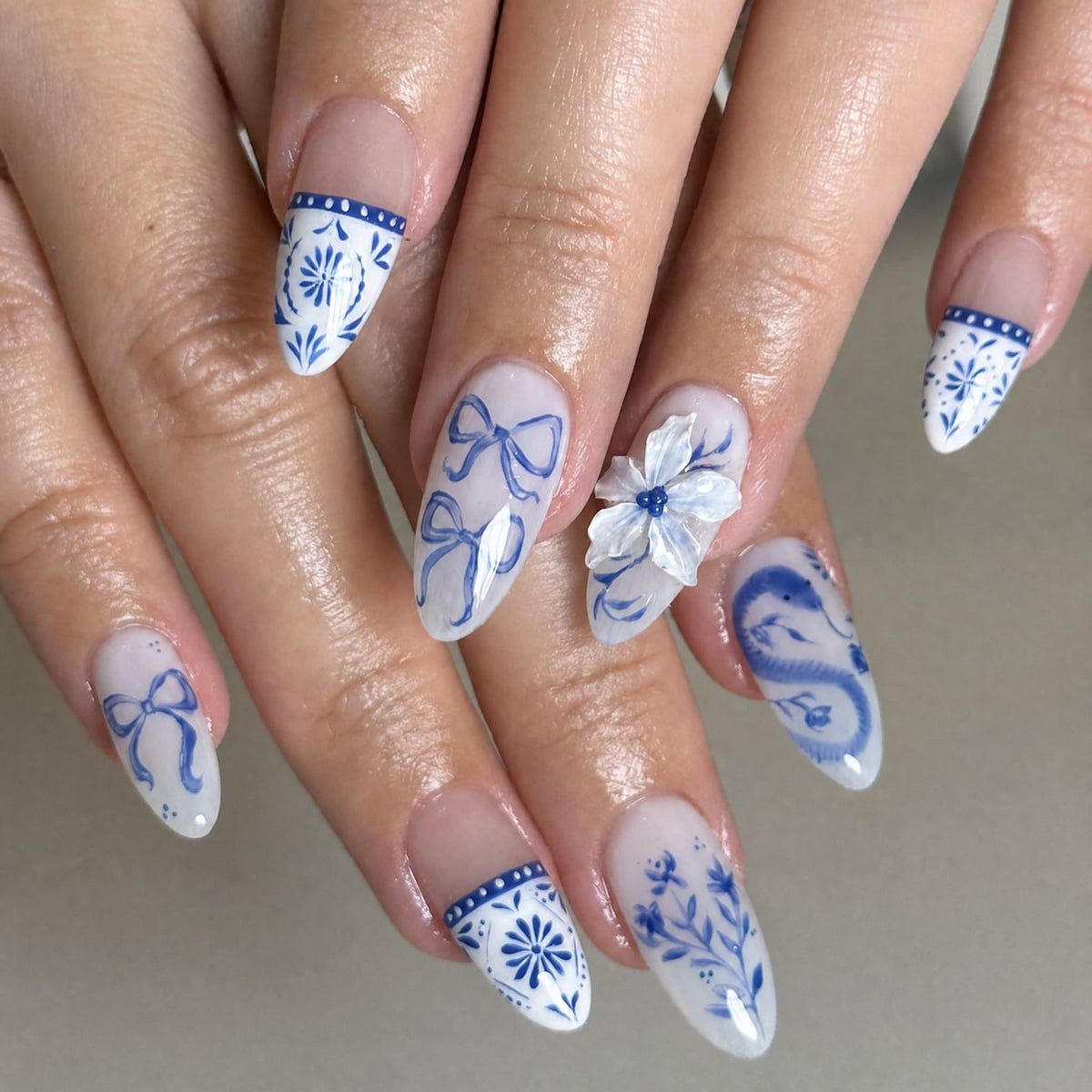 3D French Floral Glossy Pink White Almond Short Press On Nails – Design 21