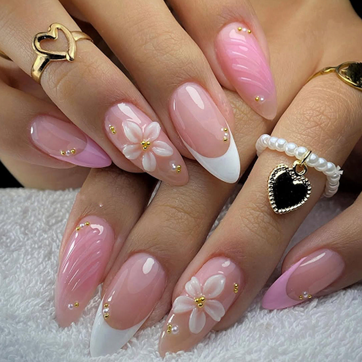 3D French Floral Glossy Pink White Almond Short Press On Nails