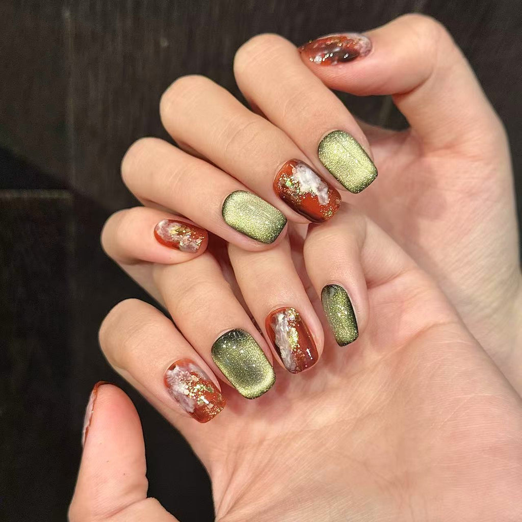 365nails: "Amber Sunset" – Hand-Painted Marble & Gold Foil Short Square Nails – Image 2