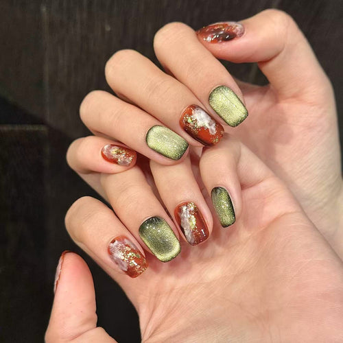 365nails: "Amber Sunset" – Hand-Painted Marble & Gold Foil Short Square Nails – Image 2