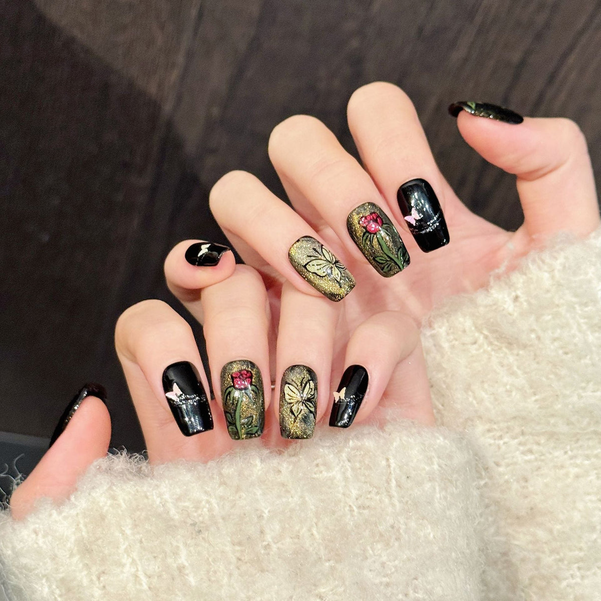 365nails: "Gothic Garden" – 3D Floral & Butterfly Handmade Medium Coffin Nails – Image 3