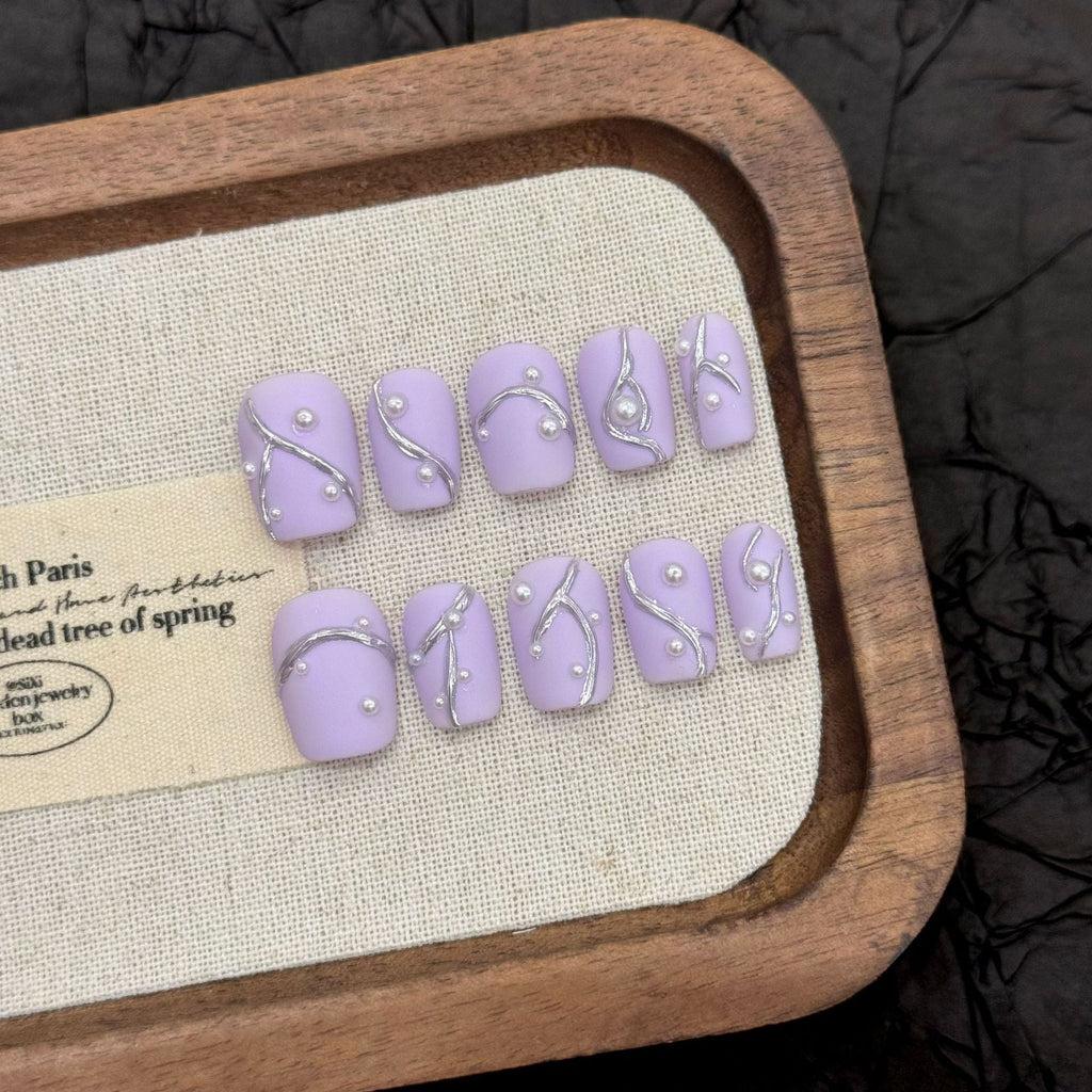 365nails: "Lilac Mist" – 3D Pearl Vine Handmade Short Coffin Nails