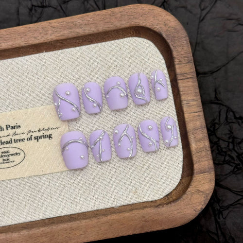 365nails: "Lilac Mist" – 3D Pearl Vine Handmade Short Coffin Nails