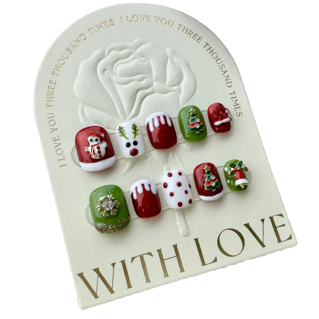 Green and Red Christmas Press‑On Nails – Reindeer & Tree Design – Image 2