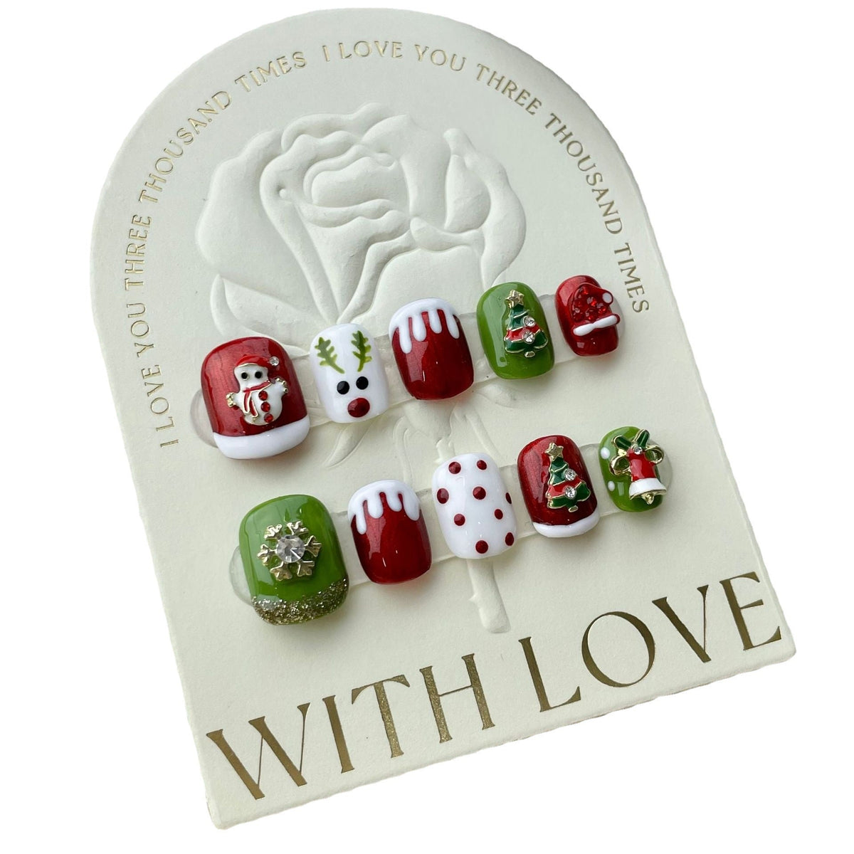 Green and Red Christmas Press‑On Nails – Reindeer & Tree Design – Image 2