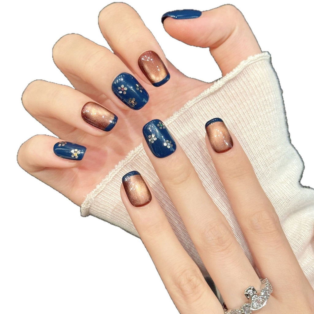 365nails: "Cosmic Dusk" – Magnetic Cat-Eye & Floral Handmade Short Square Nails – Image 4