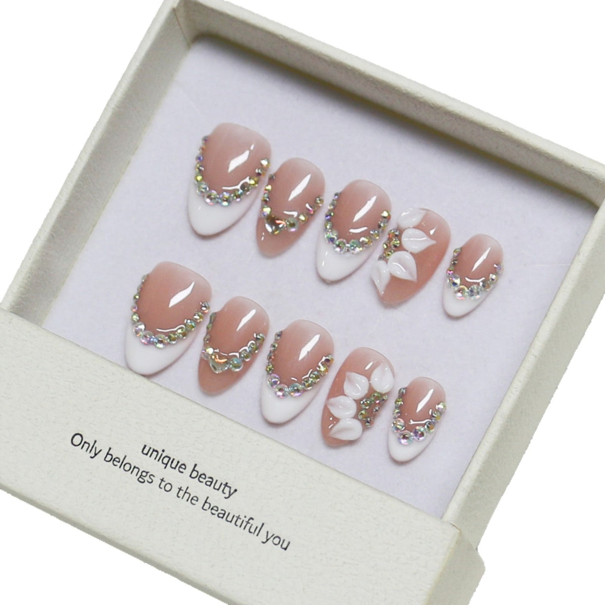 365nails: "Elegant Orchid Bloom" – Medium Almond Nude French Rhinestone Handmade Press-On Nails – Image 5