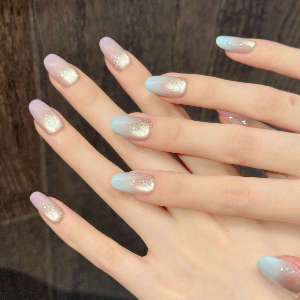 365nails: "Iridescent Aurora" – Hand-Painted Ombré Cat Eye Handmade Press on Nails Short Almond Nails – Image 3