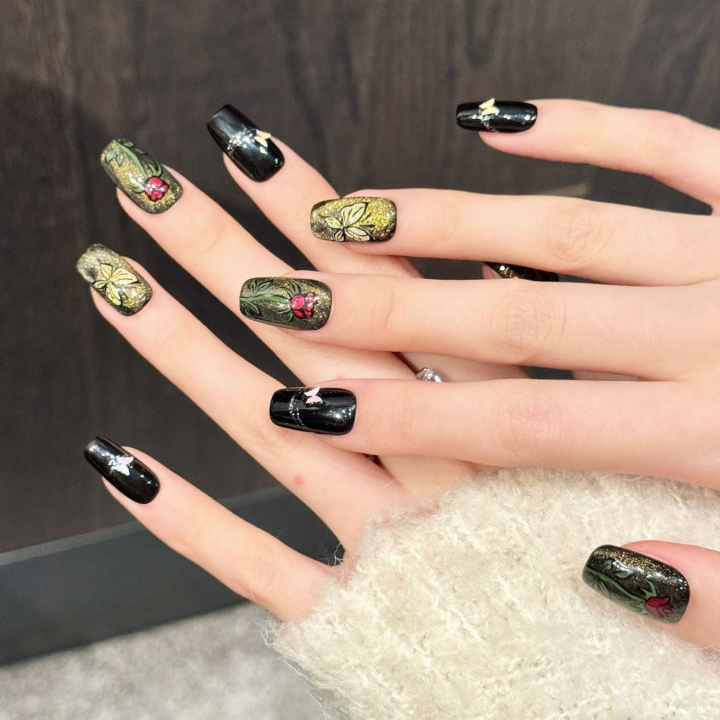 365nails: "Gothic Garden" – 3D Floral & Butterfly Handmade Medium Coffin Nails – Image 2