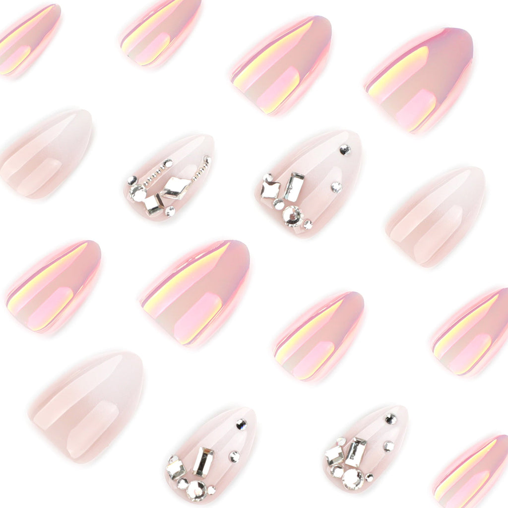 Iridescent Pearl Chrome Crystal Almond Nails – Image 3