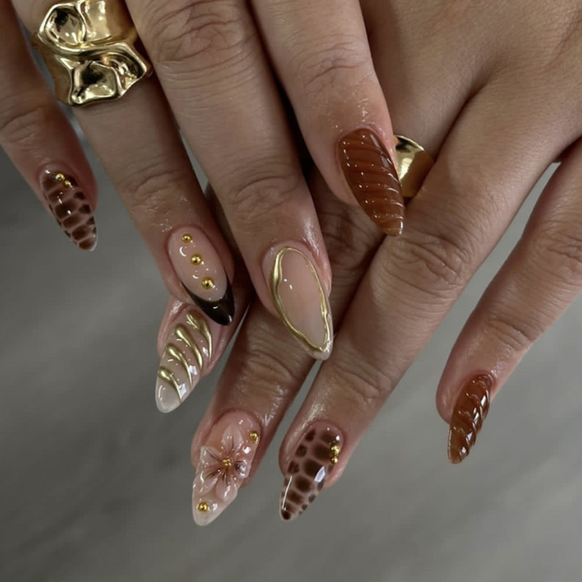 3D French Floral Glossy Pink White Almond Short Press On Nails – Design 37