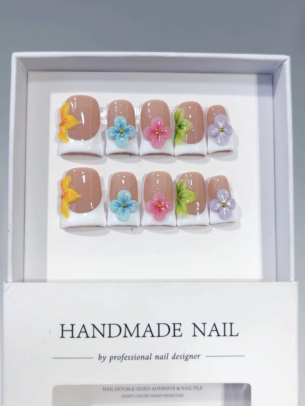 Rainbow Floral French: "Colorful Flower" – Square Press-On Nails – Image 6