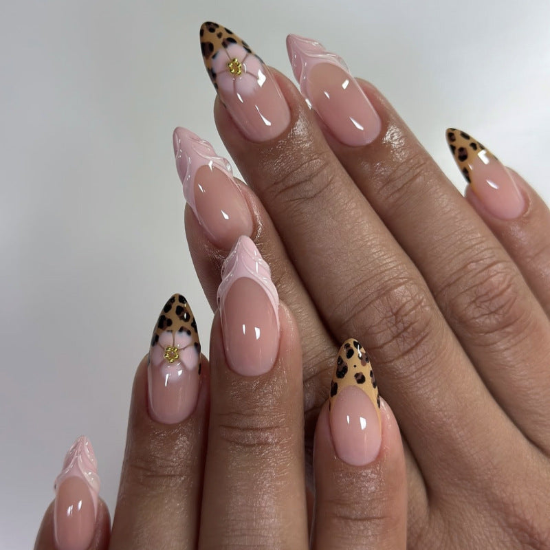 3D French Floral Glossy Pink White Almond Short Press On Nails – Design 29