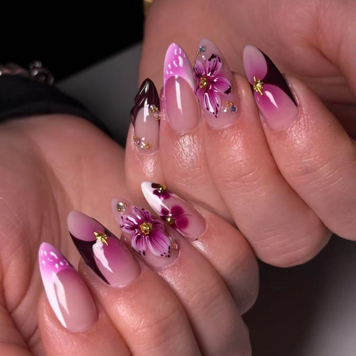 3D French Floral Glossy Pink White Almond Short Press On Nails