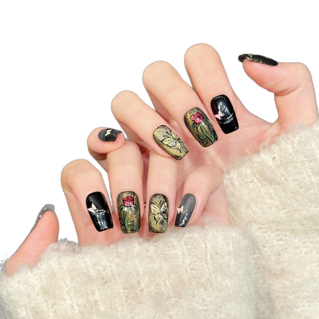 365nails: "Gothic Garden" – 3D Floral & Butterfly Handmade Medium Coffin Nails – Image 4