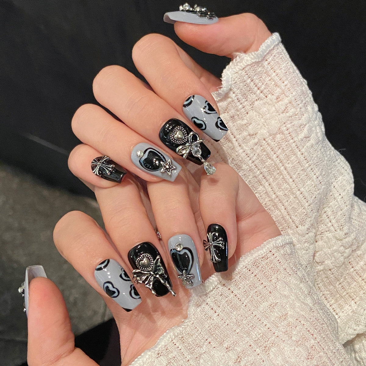 365nails: "Gothic Angel" – 3D Charms & Cross Handmade Coffin Nails – Image 3