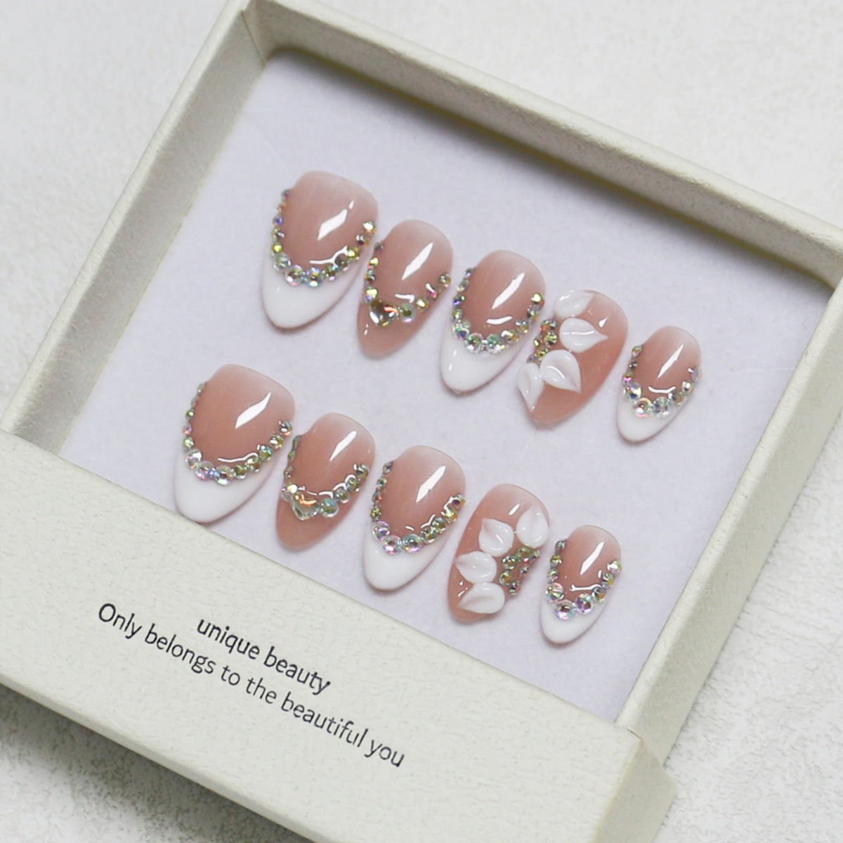365nails: "Elegant Orchid Bloom" – Medium Almond Nude French Rhinestone Handmade Press-On Nails – Image 3