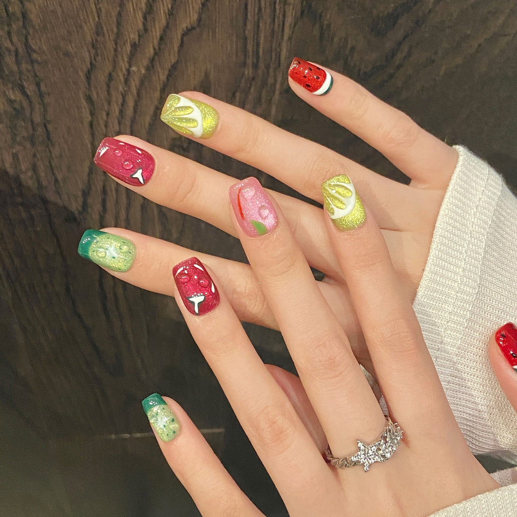 Summer Fruit Party Nails with Cat Eye and Carved Details – Image 3