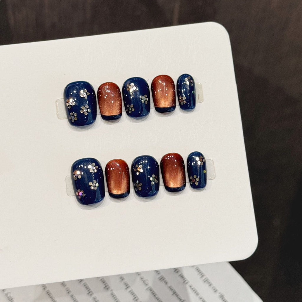 365nails: "Cosmic Dusk" – Magnetic Cat-Eye & Floral Handmade Short Square Nails