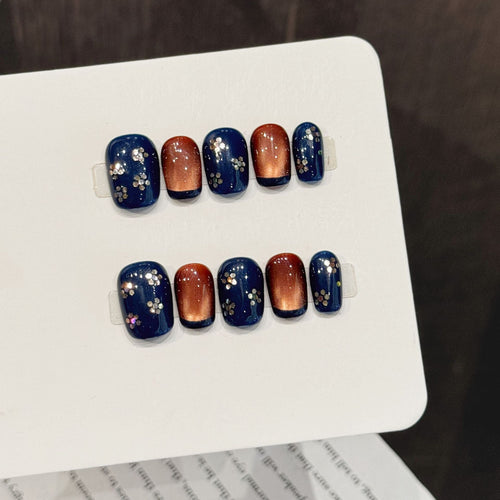 365nails: "Cosmic Dusk" – Magnetic Cat-Eye & Floral Handmade Short Square Nails
