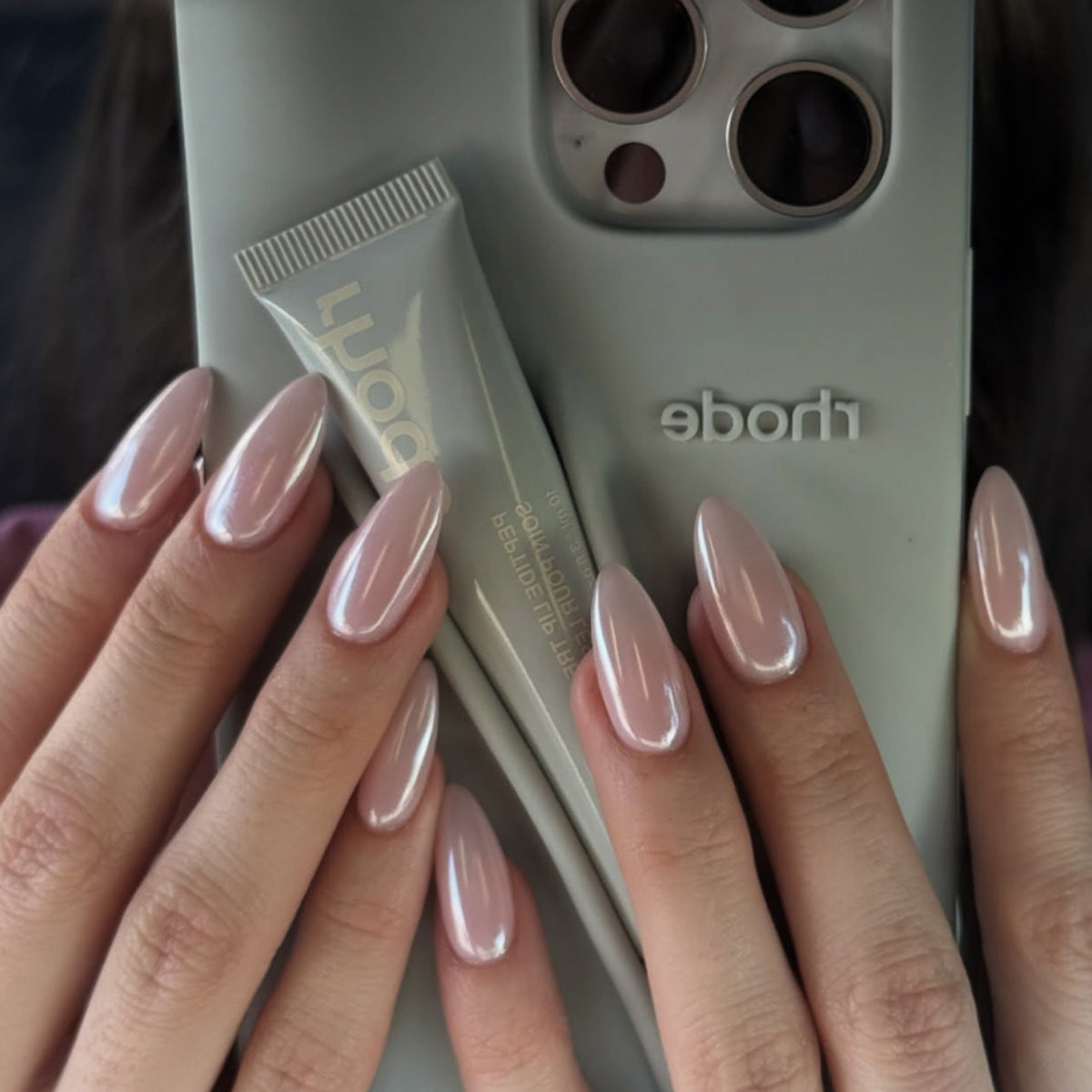 Simple bare powder solid color coating flash almond press-on nails