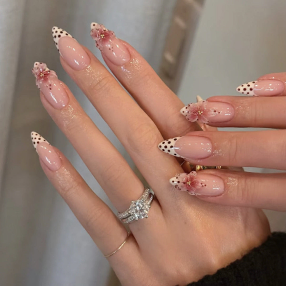 3D French Floral Glossy Pink White Almond Short Press On Nails
