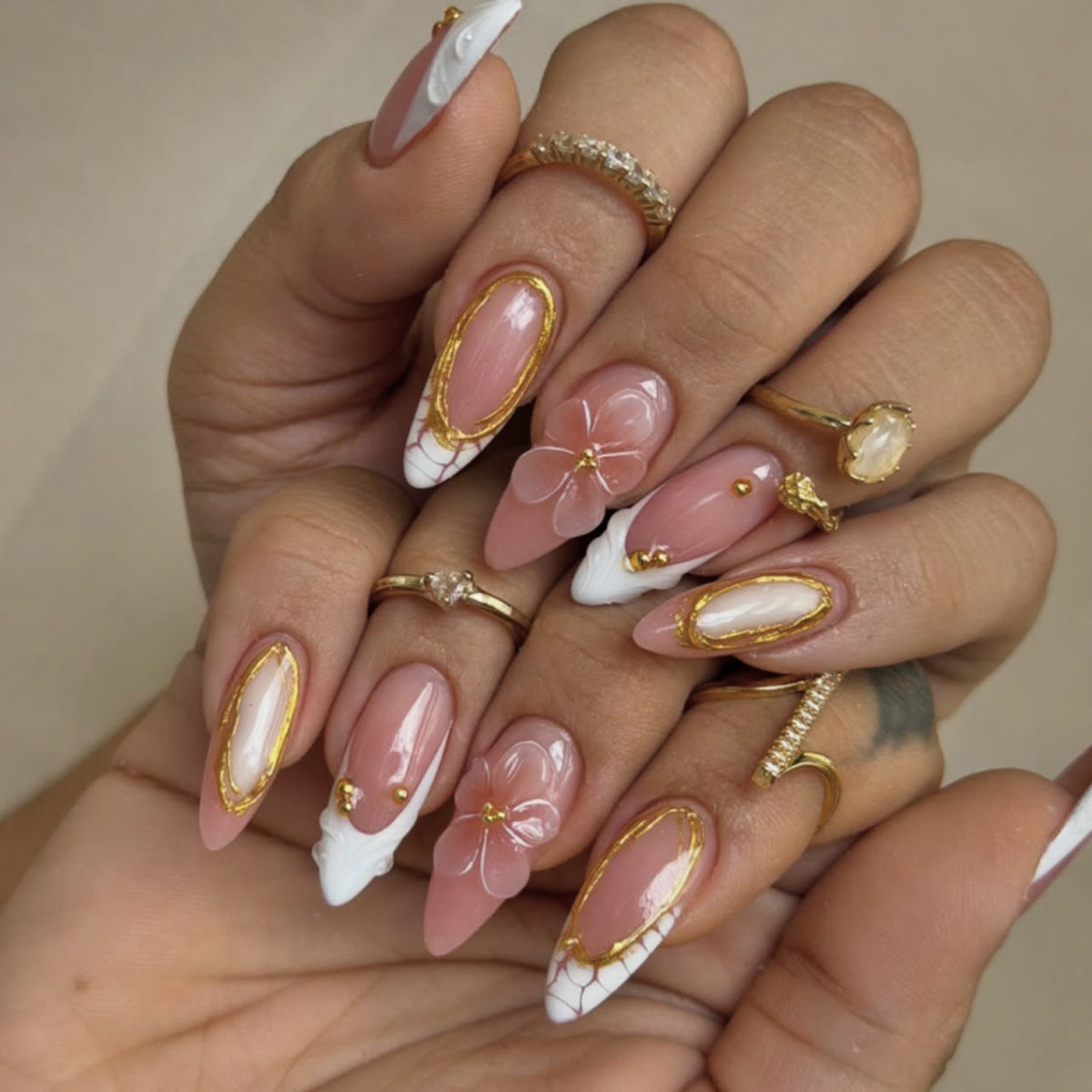 3D French Floral Glossy Pink White Almond Short Press On Nails