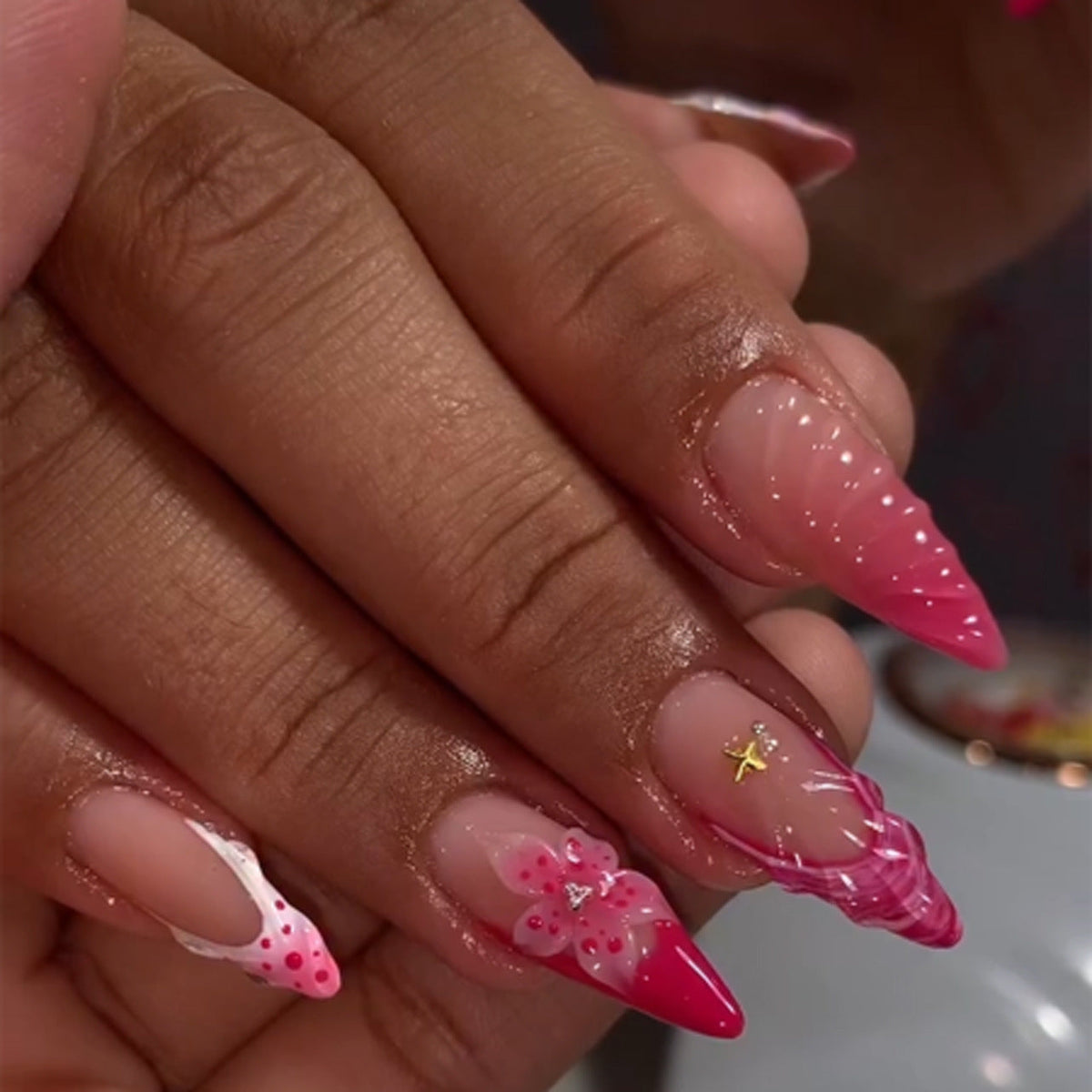 3D French Floral Glossy Pink White Almond Short Press On Nails