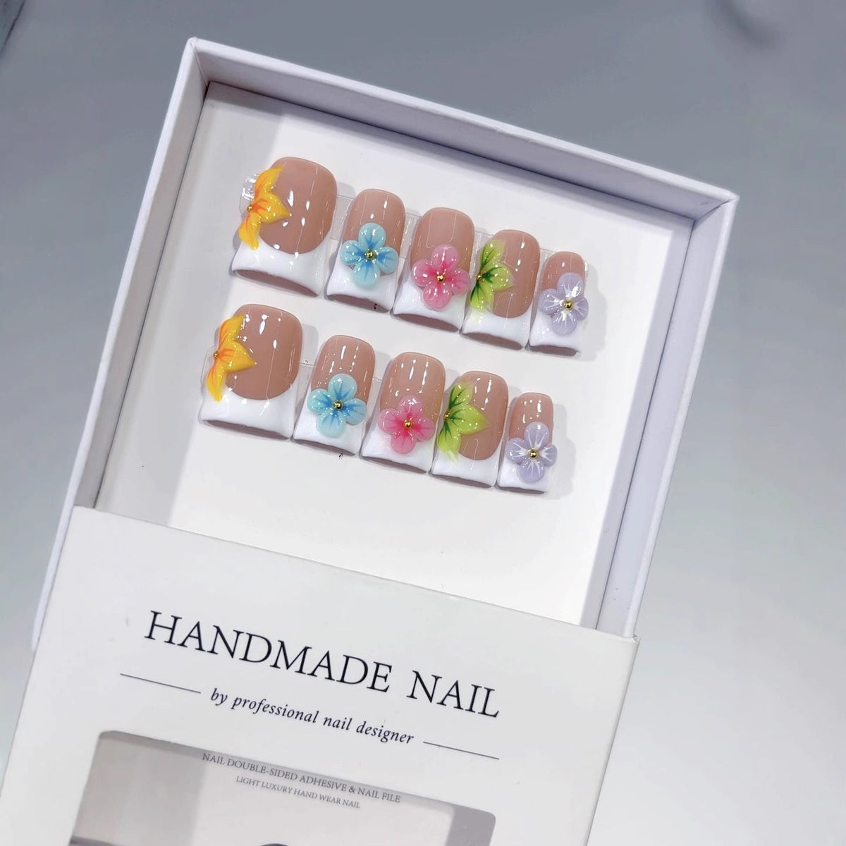 Rainbow Floral French: "Colorful Flower" – Square Press-On Nails – Image 4