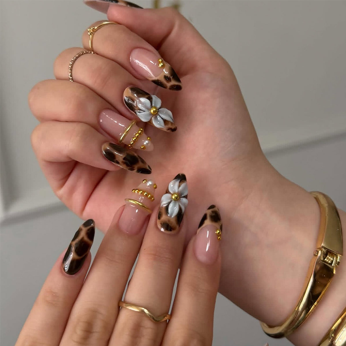 3D French Floral Glossy Pink White Almond Short Press On Nails