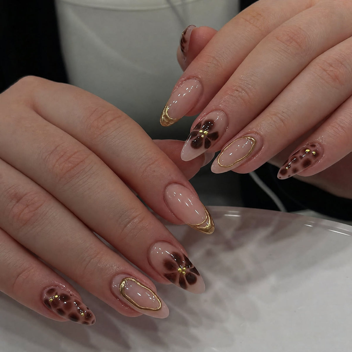 3D French Floral Glossy Pink White Almond Short Press On Nails – Design 9