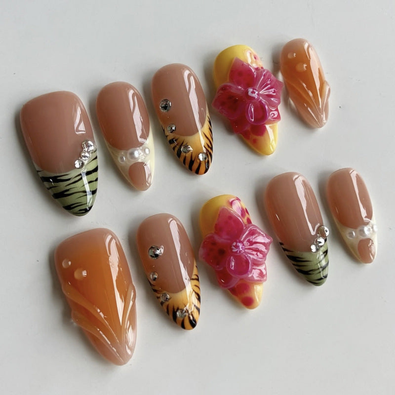 3D French Floral Glossy Pink White Almond Short Press On Nails – Design 31