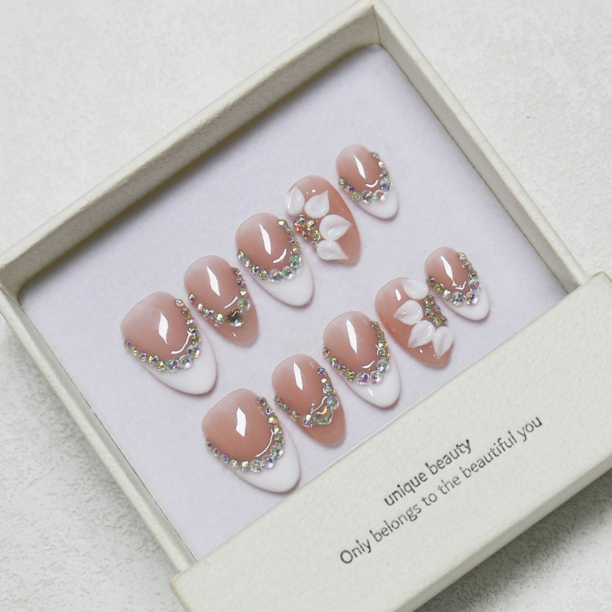 365nails: "Elegant Orchid Bloom" – Medium Almond Nude French Rhinestone Handmade Press-On Nails – Image 4