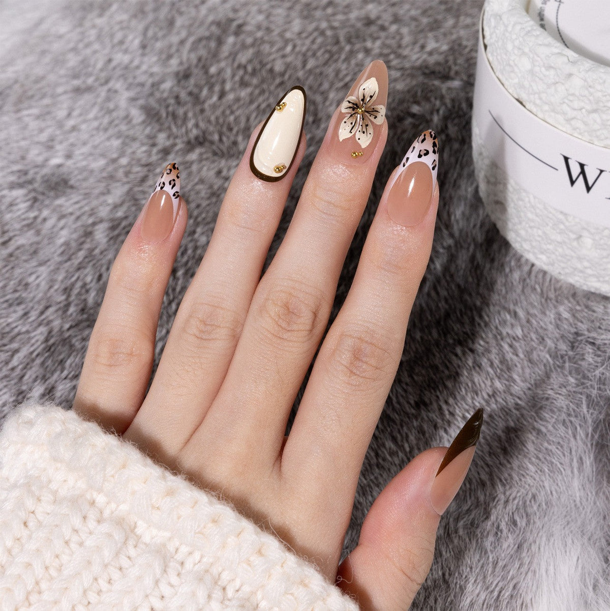 3D French Floral Glossy Pink White Almond Short Press On Nails – Design 35