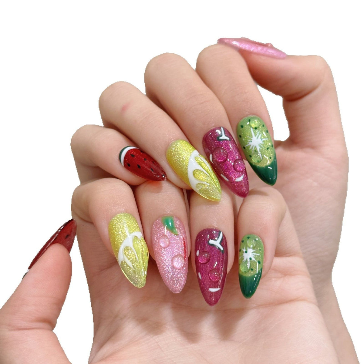 Summer Fruit Party Nails with Cat Eye and Carved Details – Image 5