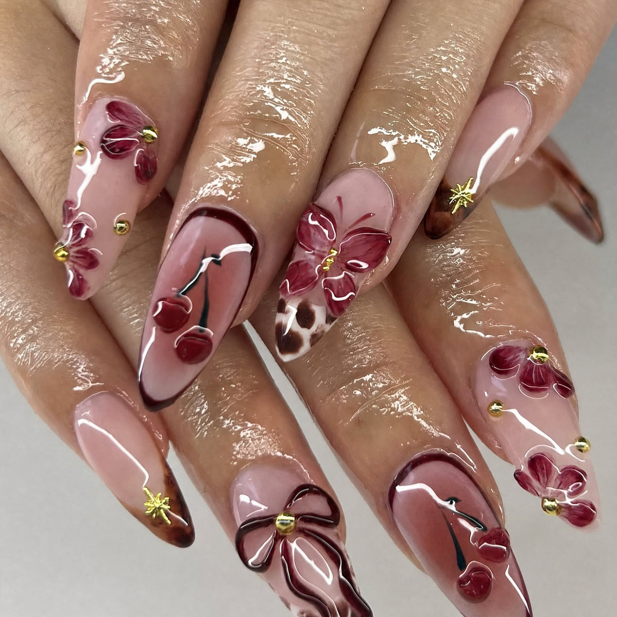 3D French Floral Glossy Pink White Almond Short Press On Nails – Design 15