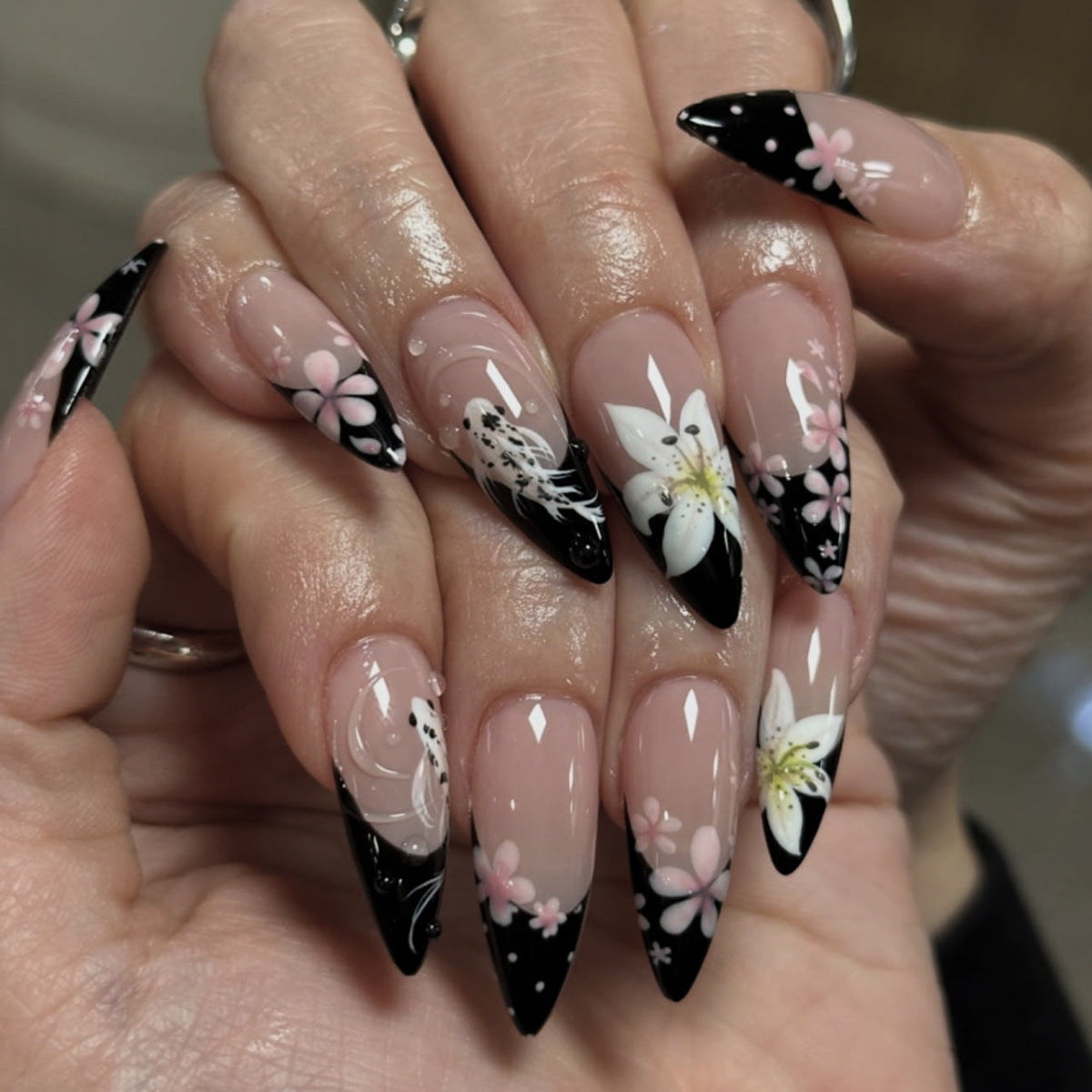 3D French Floral Glossy Pink White Almond Short Press On Nails