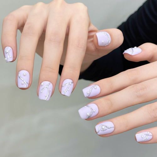 365nails: "Lilac Mist" – 3D Pearl Vine Handmade Short Coffin Nails – Image 2