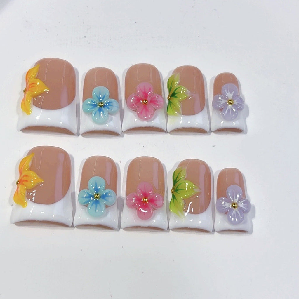 Rainbow Floral French: "Colorful Flower" – Square Press-On Nails – Image 2