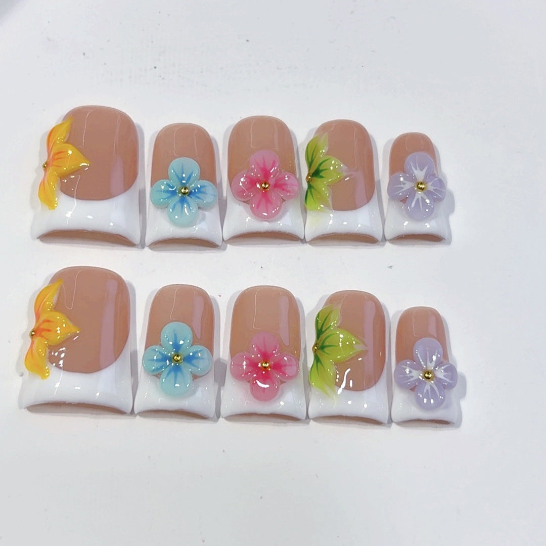 Rainbow Floral French: "Colorful Flower" – Square Press-On Nails – Image 2